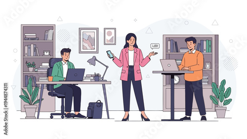 Illustration of three colleagues discussing a project in a modern office with bookshelves and plants