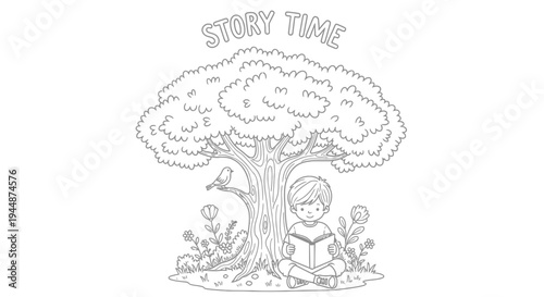A young boy sits under a large tree reading a book quietly.