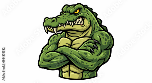 A muscular cartoon alligator flexes its arms in a confident pose.