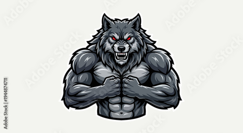 Muscular wolf flexes its strong muscles with a fierce expression on its face.