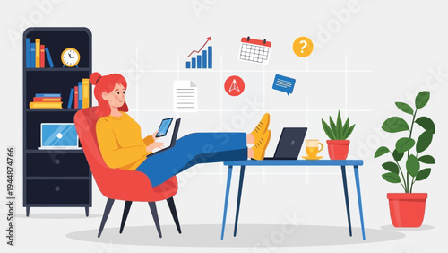 Illustration of woman working remotely on laptop in modern home office with business charts and analytics icons