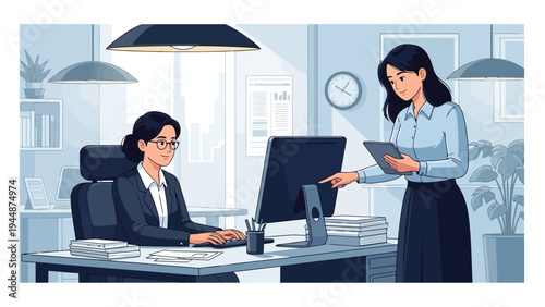 Illustration of two businesswomen in a modern office setting, one sitting at a desk with a computer and the other standing and presenting documents