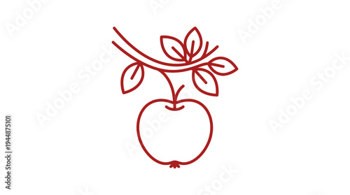 Outline vector icon of apple fruit hanging on branch, farm orchard symbol, red outline color, minimalist line design, isolated on white background, no text, no gradient