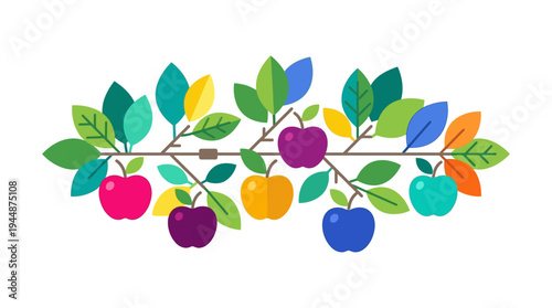 Flat vector illustration of apple fruit on tree branch with leaves, orchard farming concept