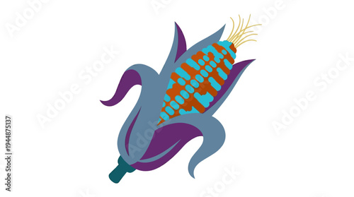 Flat vector illustration of corn cob with green leaves, agriculture crop concept, solid random colors 