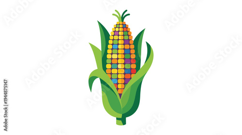 Flat vector illustration of corn cob with green leaves, agriculture crop concept, solid random colors 