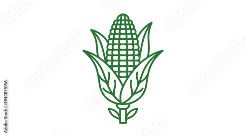 Outline vector icon of corn cob with leaves, agriculture crop symbol, green outline color, minimalist line style