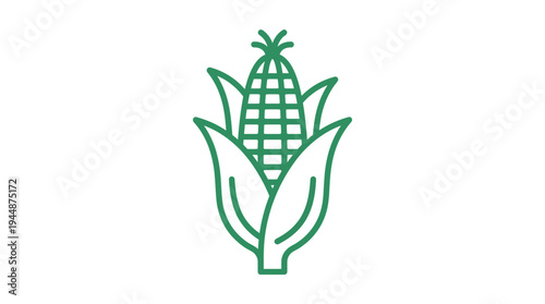 Outline vector icon of corn cob with leaves, agriculture crop symbol, green outline color, minimalist line style