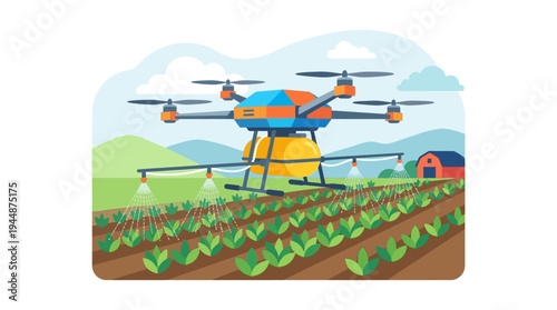 Flat vector illustration of agriculture drone spraying crops, smart farming technology concept, solid random colors, isolated on white background, no text, no gradient