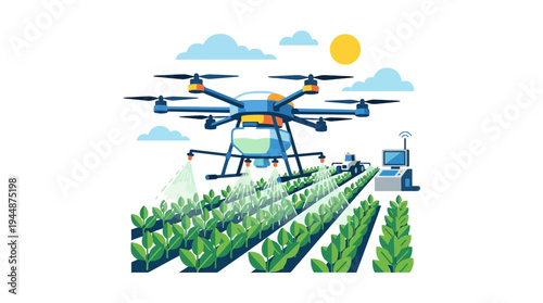 Flat vector illustration of agriculture drone spraying crops, smart farming technology concept, solid random colors, isolated on white background, no text, no gradient