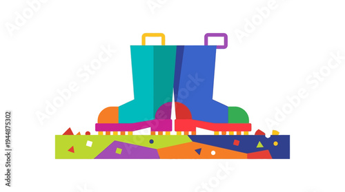 Flat vector illustration of farmer boots standing on soil ground, farming activity concept, simple geometric shapes, solid random colors, isolated on white background, no text, no gradient