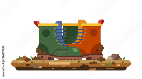 Flat vector illustration of farmer boots standing on soil ground, farming activity concept, simple geometric shapes, solid random colors, isolated on white background, no text, no gradient