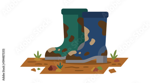 Flat vector illustration of farmer boots standing on soil ground, farming activity concept, simple geometric shapes, solid random colors, isolated on white background, no text, no gradient