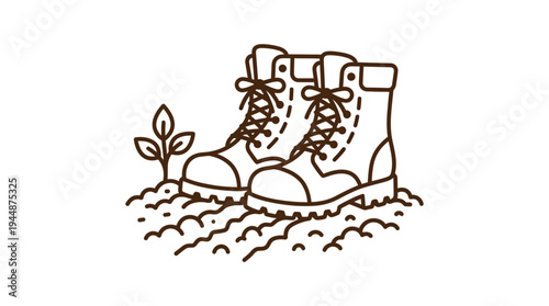 Outline vector icon of farmer boots standing on soil, farming activity symbol, brown outline color, simple line design, isolated on white background, no text, no gradient