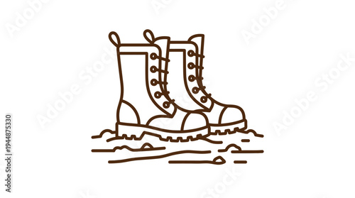 Outline vector icon of farmer boots standing on soil, farming activity symbol, brown outline color, simple line design, isolated on white background, no text, no gradient