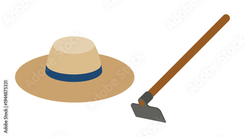 Flat vector illustration of farmer hat and hoe tool, rural farming symbol concept 