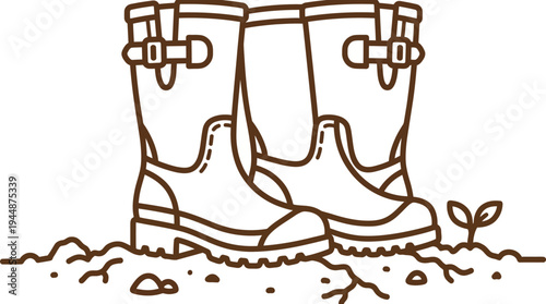 Outline vector icon of farmer boots standing on soil, farming activity symbol, brown outline color, simple line design, isolated on white background, no text, no gradient