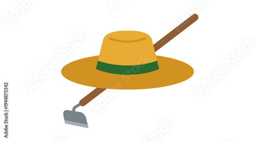 Flat vector illustration of farmer hat and hoe tool, rural farming symbol concept 
