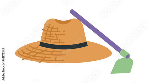 Flat vector illustration of farmer hat and hoe tool, rural farming symbol concept 