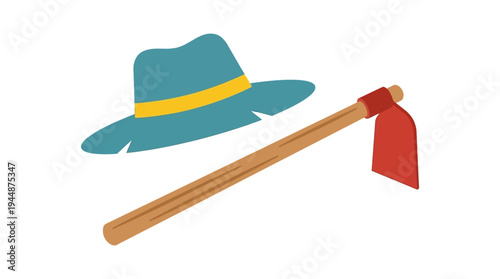 Flat vector illustration of farmer hat and hoe tool, rural farming symbol concept 