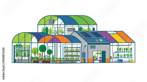 Flat vector illustration of greenhouse structure with plants inside, modern agriculture building concept,