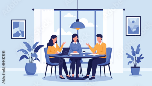 Illustration of three people in a modern office setting having a discussion around a table with laptops and plants