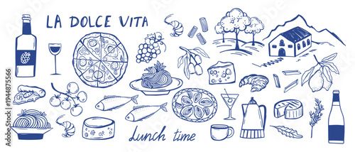 Italian food: pizza, spaghetti, various cheeses and wine set in doodle style, Seafood delicacies shrimps and mussels, Villa in the garden Hand drawn elements in Italian lunch style