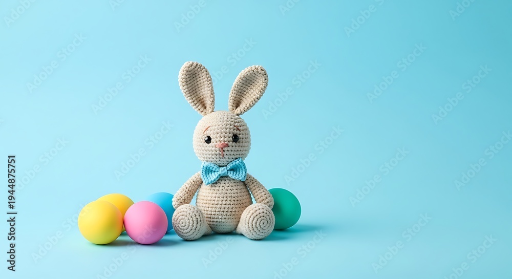 Fototapeta premium Knitted beige crochet bunny sitting among colorful easter eggs