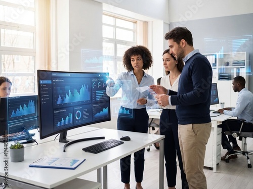 AI-Powered Insights: Data analysts using digital graphs and smart dashboards to optimize performance and advanced business technology.