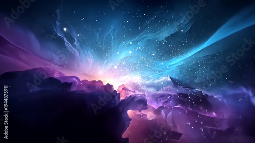 Abstract cosmic landscape with nebulae and stars, blue and purple hues