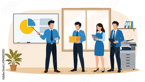 Illustration of business team discussing a presentation with charts and documents in an office setting