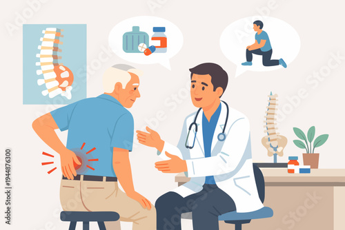 Orthopedic Doctor Consulting Elderly Patient with Lower Back Pain, Explaining Spine Health, Medication, and Physical Therapy Exercises in Medical Clinic Office, Flat Vector Illustration