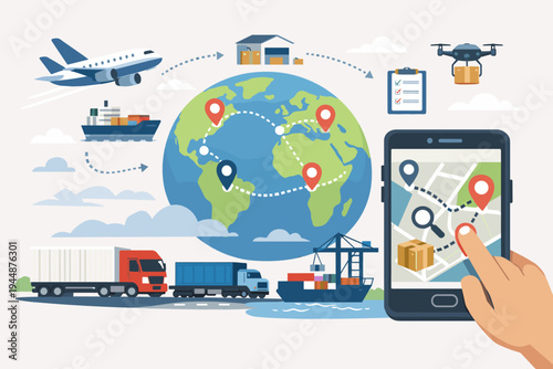 Global logistics and transportation network concept featuring cargo plane, freight ship, delivery truck, and drone tracking via mobile app for efficient international supply chain management.