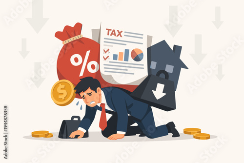 Businessman Overburdened and Struggling Under Heavy Financial Weight of High Taxes, Interest Rates, and Mortgage Debt, Flat Vector Illustration Representing Economic Crisis and Financial Stress