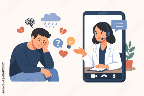 Vector Illustration of a Sad Depressed Man Receiving Online Mental Health Counseling from a Professional Female Doctor via Smartphone App, Telehealth Therapy Session for Depression and Anxiety