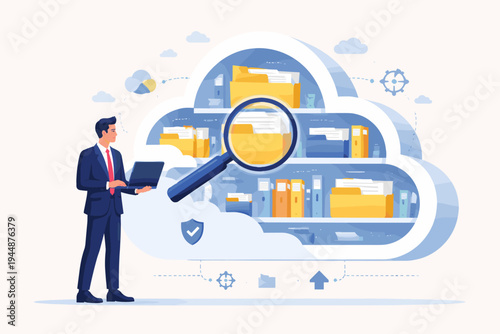 Businessman using laptop to search and organize digital files in a cloud storage system. Concept of cloud computing, information management, secure database technology, and big data solutions.