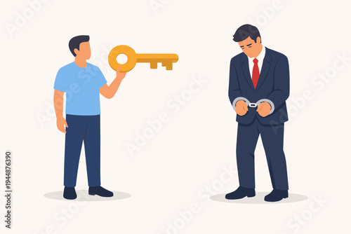 Flat vector illustration of a man holding a large golden key to unlock a sad businessman in a suit wearing handcuffs, representing legal aid, bail, freedom, and finding solutions to problems.