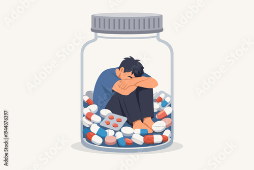 Vector Illustration of a Sad Depressed Man Sitting Inside a Glass Pill Bottle Surrounded by Medications and Capsules, Representing Drug Addiction, Mental Health Issues, and Feeling Trapped.