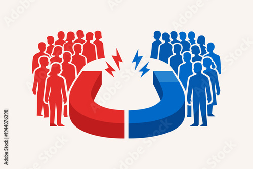 Vector illustration of a polarized society with red and blue people silhouettes attracted to opposite poles of a horseshoe magnet, representing political division, social tension, and conflict.