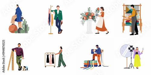 Illustration set of diverse creative professionals including fashion designers, architects, weavers, florists, and stylists isolated on a white background.