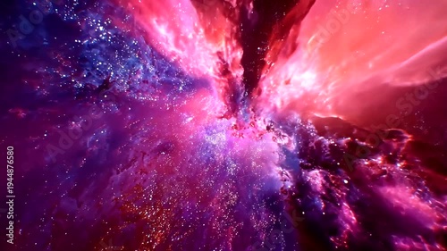 A vibrant nebula, exploding with hues of pink, purple, and blue, filled with swirling cosmic dust