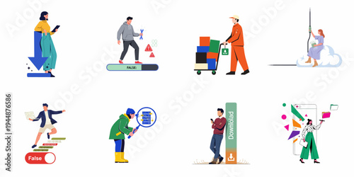 Set of flat vector illustrations depicting various digital and technology concepts including downloading, data management, cloud computing, and system maintenance.