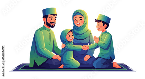 A Muslim family of four in traditional green attire shakes hands and greets each other during an Eid celebration on a prayer mat