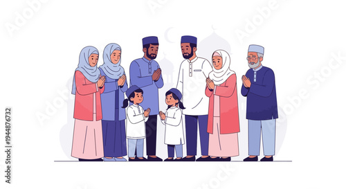 A Muslim family of eight people, including children and elderly, stand together in a line, smiling and greeting each other on Eid with traditional clothing and headscarves in a colorful