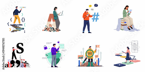 Set of flat illustrations representing digital technology, data analysis, SEO, cybersecurity, and information management in modern business and communication contexts.