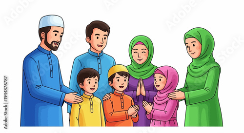A Muslim family in traditional attire celebrates Eid together with joyful smiles and warm greetings