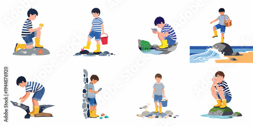 Set of illustrations featuring a young boy in a striped shirt and yellow boots exploring the seashore, collecting shells, and observing marine life.