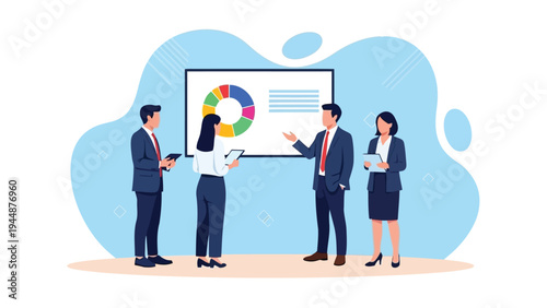 Illustration of business professionals analyzing data and discussing strategy in a modern office setting