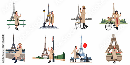 Set of flat vector illustrations of a woman tourist taking photos and posing in front of the Eiffel Tower in Paris, France.