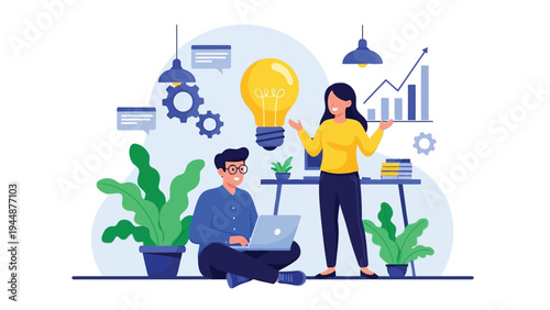Illustration of two professionals brainstorming ideas with a lightbulb symbolizing innovation and creativity in a modern office setting